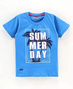 OJOS Half sleeves Tshirt Text Print- Blue