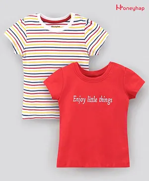 Honeyhap 100% Cotton Half Sleeves T-Shirts with Silvadur Antimicrobial Finish Text & Stripes Print Pack Of 2 - Red White