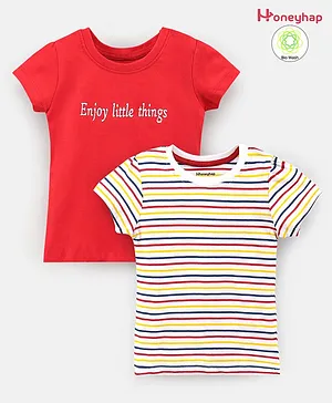Honeyhap 100% Cotton Half Sleeves T-Shirts with Silvadur Antimicrobial Finish Text & Stripes Print Pack Of 2 - Red White