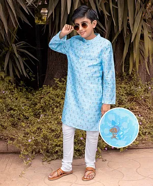 Earthy Touch Full Sleeves Kurta Pyjama Set Printed - Light Blue