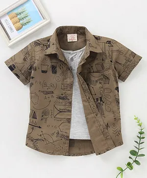 Rikidoos Half Sleeves Stem Subjects Graphic Print Shirt With Solid Attached Tee - Khaki & Grey