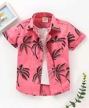 Rikidoos Half Sleeves Printed Shirt With Attach T-Shirt - Pink