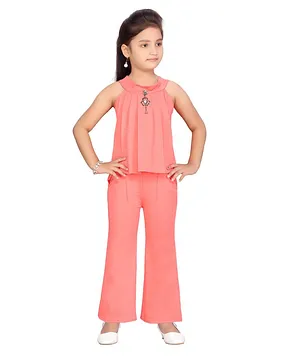 Aarika Sleeveless Top With Floral Brooch And Bell Bottom Pant Set - Peach