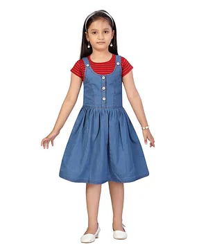 Aarika Denim Dungaree Style Dress With Short Sleeves Stripes Print Tee - Blue & Red