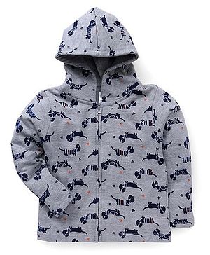 Babyhug Full Sleeves Hooded Sweatjacket With Puppy Print - Grey