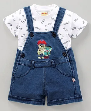 WOW Dungaree Set with Half Sleeves Tee Text Print - White Blue