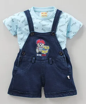 WOW Dungaree Set with Half Sleeves Tee Text Print - Blue