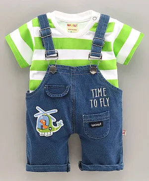WOW Clothes Dungaree with Inner Tee Helicopter Print - Green Blue