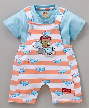 WOW Clothes Dungaree with Inner Tee Airplane Print - Peach Blue