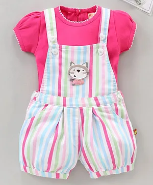 Wow Clothes Dungaree With Half Sleeves Inner Tee Stripe Print - Pink