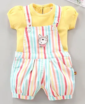 Wow Clothes Dungaree With Half Sleeves Inner Tee Stripe Print - Lemon