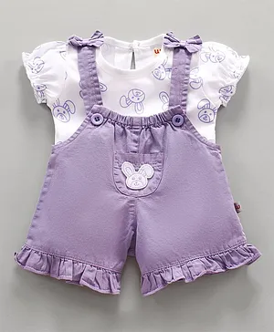 WOW Clothes Dungaree With Half Sleeves Tee Bear Print - Violet