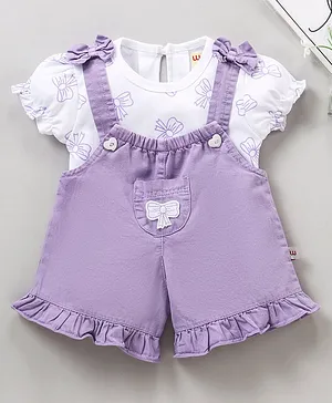 Wow Clothes Solid Color Dungaree With Half Sleeves Inner Tee Bow Print - Violet