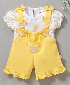 Wow Clothes Solid Color Dungaree With Half Sleeves Inner Tee Bow Print - Yellow