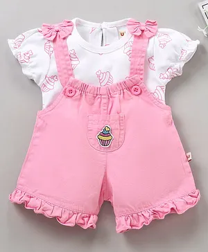 Wow Clothes Solid Color Dungaree With Half Sleeves Inner Tee Bow Print - Pink