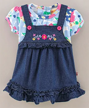 WOW Cotton Woven Frock With Half Sleeves Inner Tee Printed - Blue