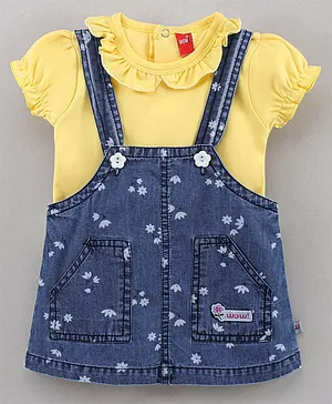 Wow Clothes Denim Printed Frock With Half Sleeves Solid Color Inner Tee - Lemon