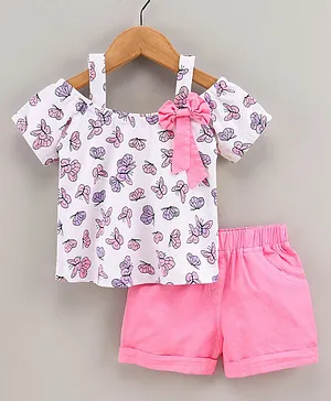 Wow Clothes Off Shoulder Top & Shorts Butterfly Print - Pink