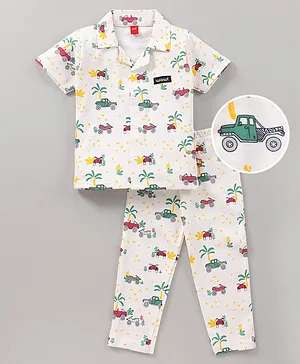 Wow Clothes Half Sleeves Night Suit Vehicle Print - White Dark Green