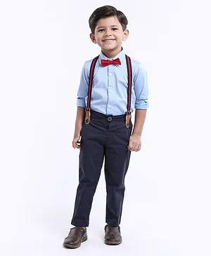 Mark & Mia Full Sleeves Solid Color Shirt & Trouser With Suspender & Bow - Sky Blue