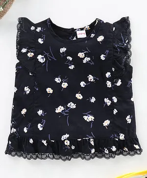 Babyhug Sleeveless Top With Frill Detailing Floral Print - Navy