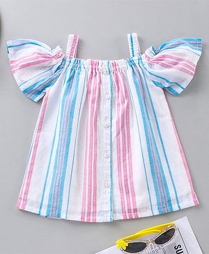 Babyhug Cold Shoulder Sleeves Front Open Cotton Lurex Stripes Woven Top - Multicolor