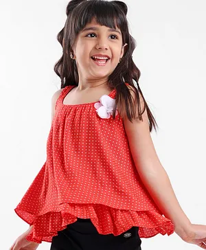 Babayhug Singlet Sleeve Top With Corsage Applique Polka Dots Print - Red