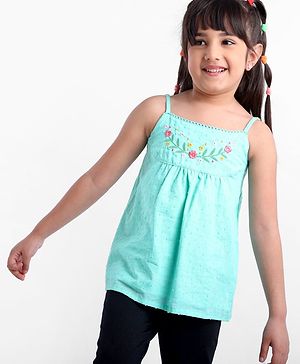 Babyhug Swiss Dot Singlet Top with Floral Embroidery & Lace Detailing - Aqua Blue