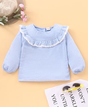 Babyhug Full Sleeves Cotton Textured Dobby Top With Lace & Frill Detailing- Blue