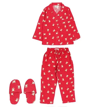 Piccolo Full Sleeves Printed Night Suit With Slippers Set  - Red