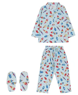 Piccolo Full Sleeves Ice Cream Printed Night Suit  With Slippers Set  - Light Blue