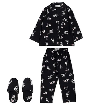 Piccolo Full Sleeves Floral Printed Night Suit  With Slippers Set  - Navy
