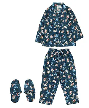 Piccolo Full Sleeves Floral Printed Night Suit  With Slippers Set - Blue
