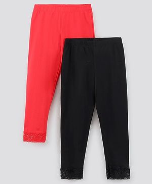 Pine Kids Ankle Length Biowashed Solid Leggings With Lace Detailing Pack Of 2 - Red Black