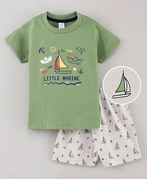 Pink Rabbit Half Sleeves T-Shirt & Shorts Set Yacht Print - Green