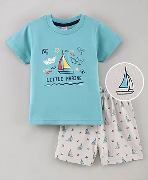 Pink Rabbit Half Sleeves T-Shirt & Shorts Set Yacht Print - Blue