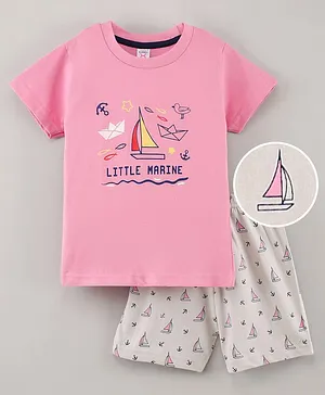 Pink Rabbit Half Sleeves T-Shirt & Shorts Set Yacht Print - Pink