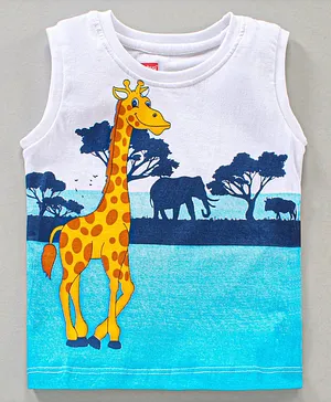 Babyhug Boys Sleeveless T - Shirt With Giraffe Print - White & Blue