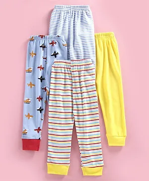 BUMZEE Pack Of 4 Striped And Helicopter Printed Full Length Pyjamas - Yellow Blue