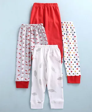 BUMZEE Pack Of 4 Leaves And Dots Printed Full Length Pyjamas - Red Grey