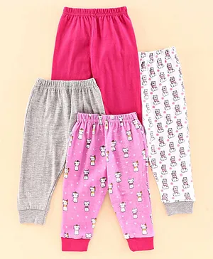 BUMZEE Pack Of 4 Solid & Cat With Teddy & Cloud Printed Pyjamas - Pink & Grey