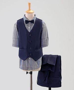 Pine Kids 3 Piece Full Sleeves Party Suit With Bow - Navy