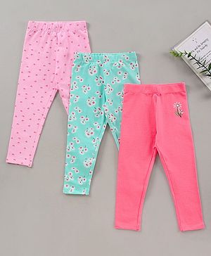Babyhug Full Length Leggings Pack of 3 Floral Print - Pink Green