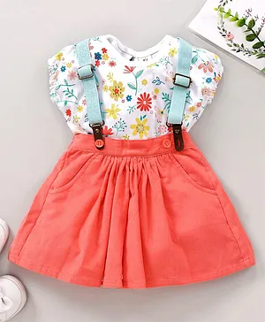 ToffyHouse Cap Sleeves Top and Skirt with Suspenders Set Floral Print - Coral