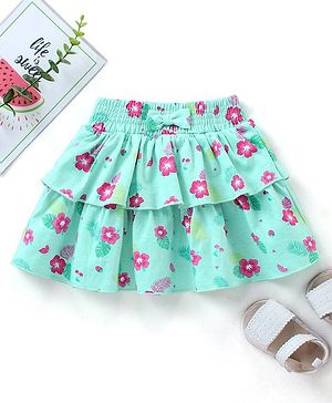 Babyhug Mid Thigh Layered Skirt Floral Print & Bow Applique - Sky Blue