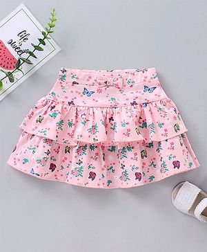 Babyhug Mid Thigh Layered Skirt Floral Print & Bow Applique - Pink