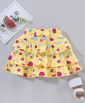 Babyhug Knee Length Frilled Cotton Skirt Star Print With Bow Applique - Yellow