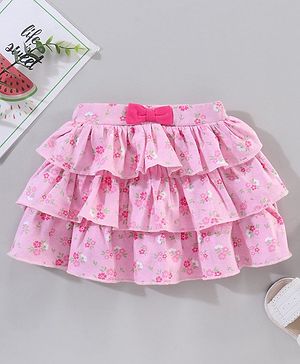 Babyhug Knee Length Frilled Cotton Skirt Floral Print With Bow Applique - Pink