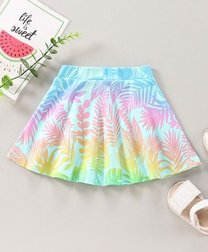 Babyhug Knit Knee Length Flared Skirt Leaves Print - Blue