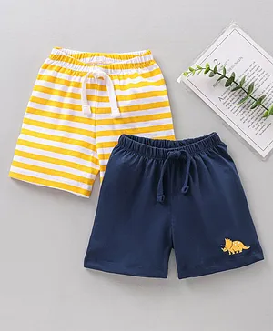 Babyhug Knit Striped Shorts Dino Print Pack of 2 - Navy Yellow